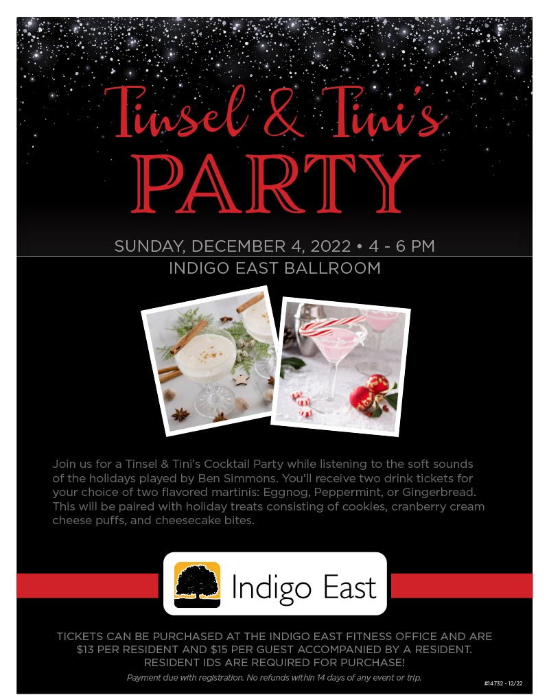 Sunday December 4, 2022 | 4-6 PM | Indigo East Ballroom | $13 per resident | $15 per guest