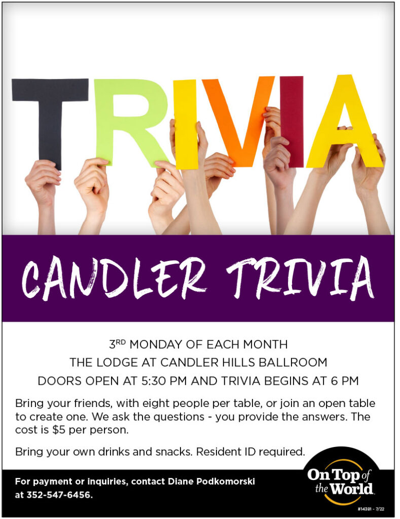 3rd Monday of each month | The Lodge at Candler Hills Ballroom | Doors open at 5:30 PM & Trivia begins at 6 PM