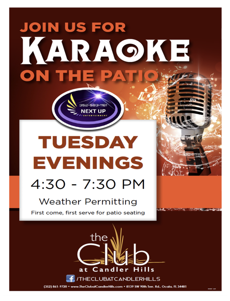 Every Tuesday from 4:30 pm – 7:30 pm at The Club at Candler Hills. Weather permitting. Must be a dining patron to participate.