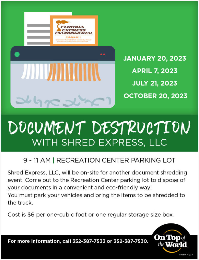 Document Destruction | 9 -11 AM | Recreation Center Parking Lot |