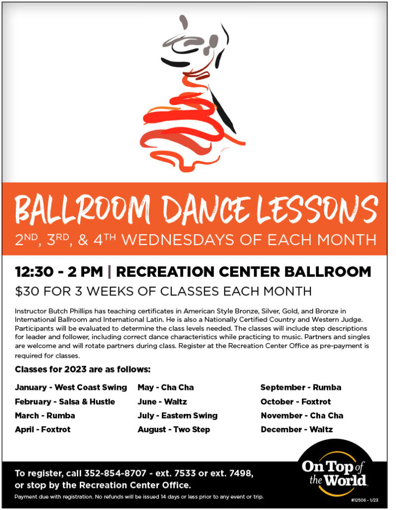 12:30 - 2 PM | Recreation Center Ballroom | $30 for 3 weeks of classes each month |