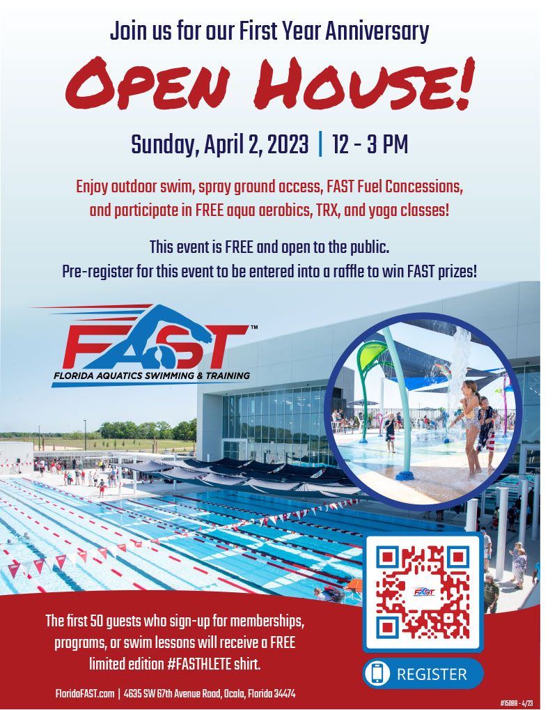Florida Aquatics Swimming & Training (FAST) is turning ONE! Join us for our First Year Anniversary Open House on Sunday, April 2, 2023, from 12 pm to 3 pm. This event is free and open to the public. FAST is in Southwest Ocala at 4635 SW 67th Avenue Road, Ocala, FL 34474.