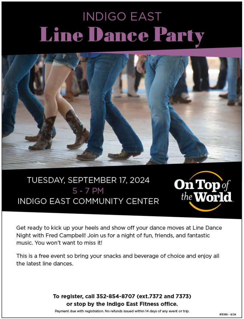 Line Dance Party at Indigo East Community Center September 17th, 2024 from 5 to 7 PM.