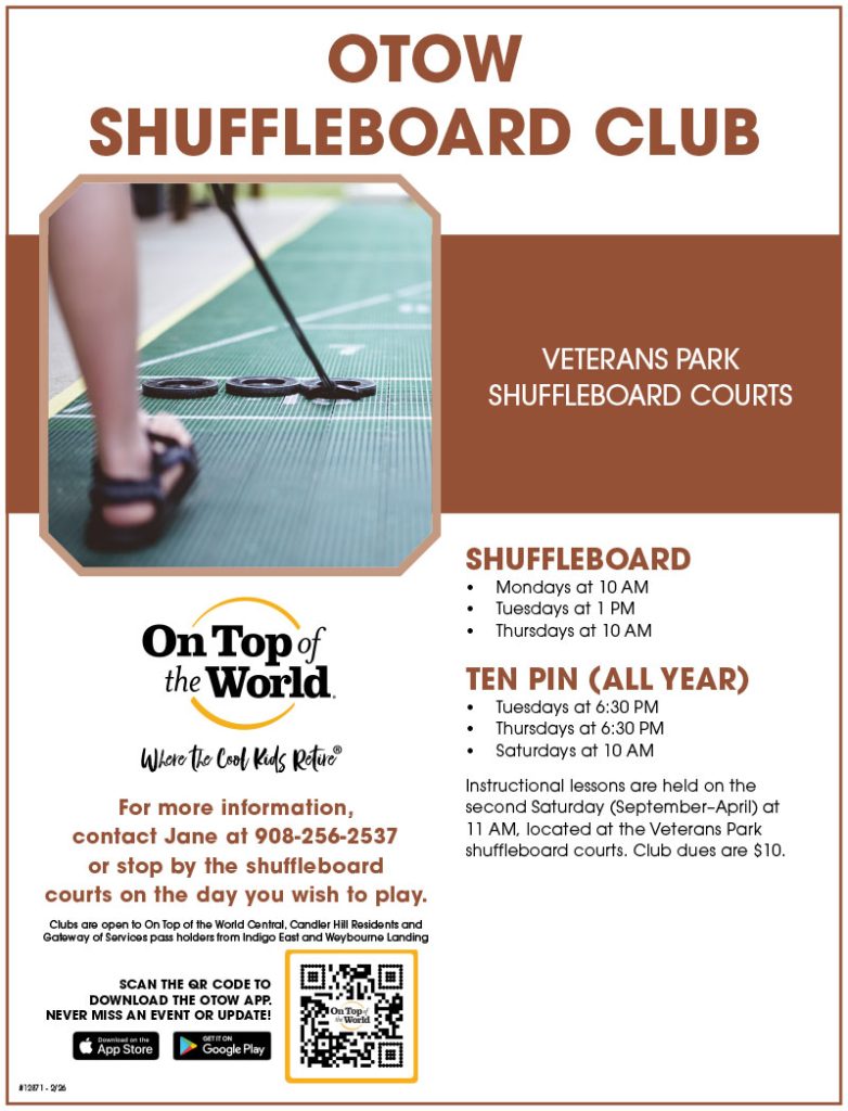 Join our Shuffleboard Club at Veterans Park! 

Looking for friendly competition and good company? Swing by Veterans Park Shuffleboard Courts every:
Mondays at 10 AM
Tuesdays at 1 PM
Thursdays at 10 AM

Or for our All- Year Round Ten Pin that meets every:
Tuesdays at 6:30 PM
Thursdays at 6:30 PM
Saturdays at 10 AM

This it the perfect way to enjoy a leisurely afternoon while meeting fellow shuffleboard fans. So, bring your enthusiasm, (discs provided) and let’s slide into some fun!